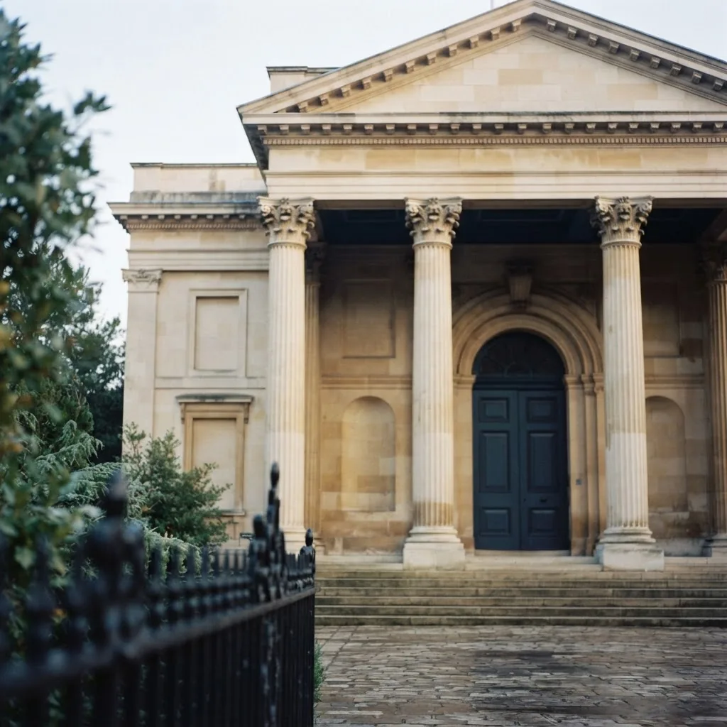 Classical stone courthouse facade in soft morning light