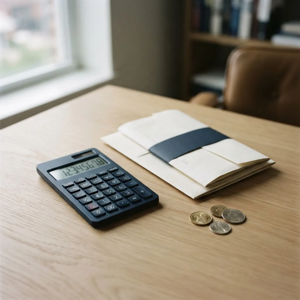 A calculator, coins, and financial paperwork on a desk