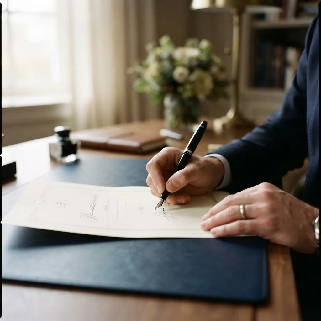 Hands signing a formal document with a fountain pen